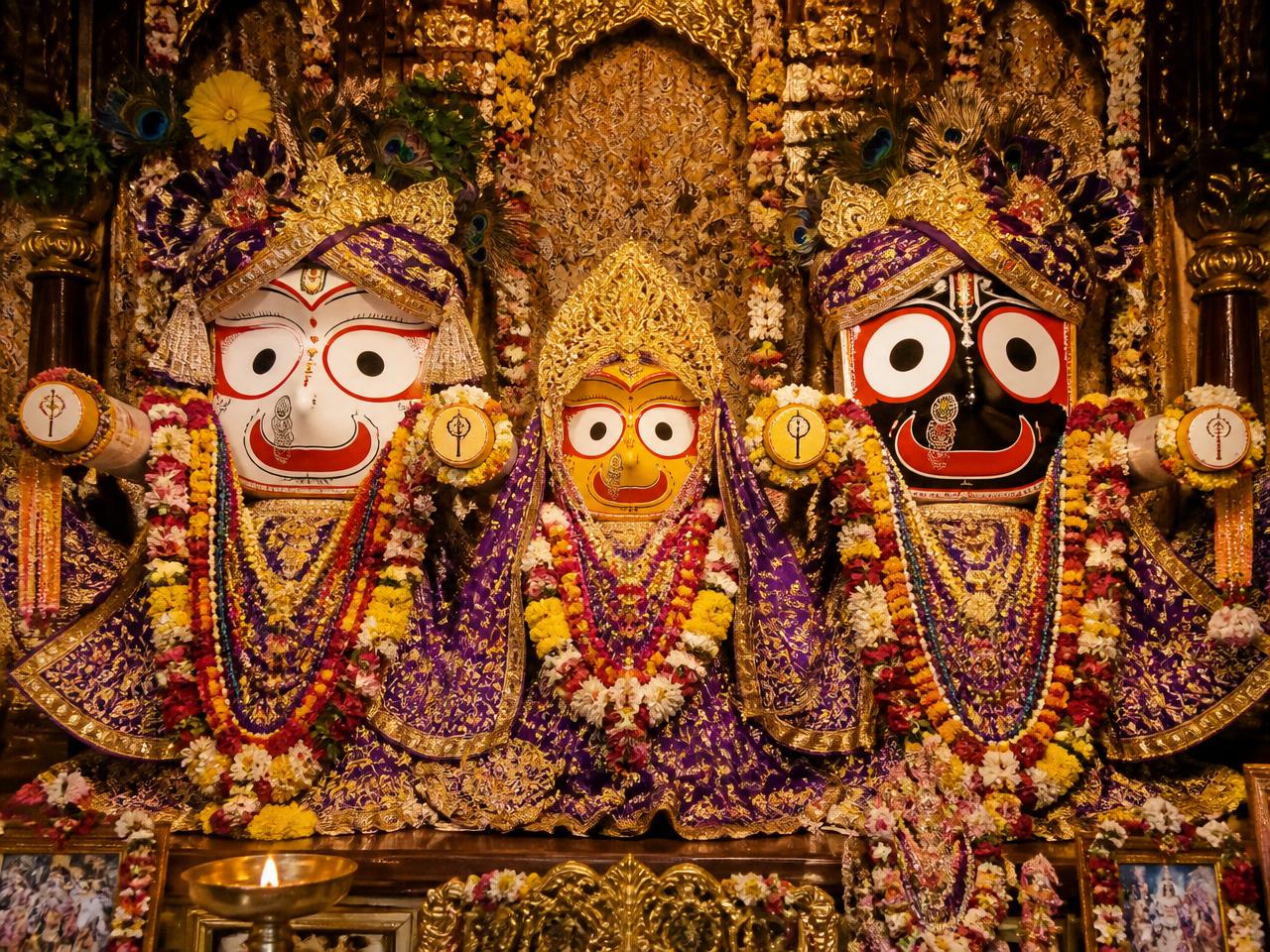 Sri Sri Jagannath, Baladeva and Subhadra Maharani on the altar at ISKCON Asansol