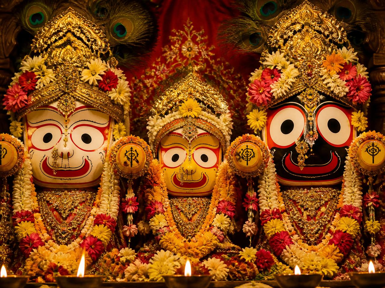 Jagannath, Baladeva and Subhadra decorated with flower garlands for a festival