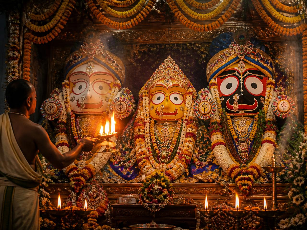 Evening arati offered to Jagannath, Baladeva and Subhadra Maharani